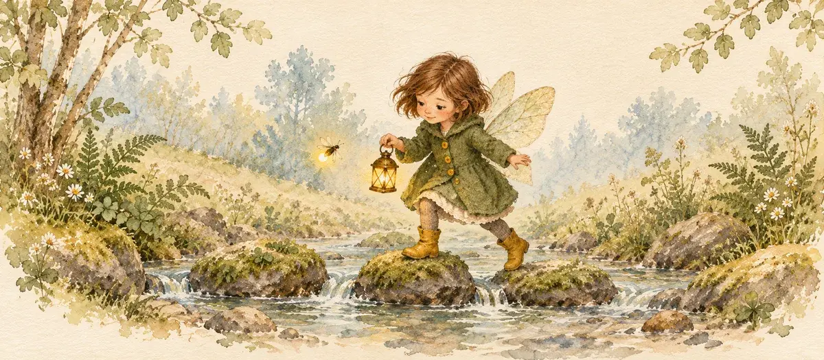 Mabel carries a glowing lantern across stepping stones in a flower-lined woodland stream.