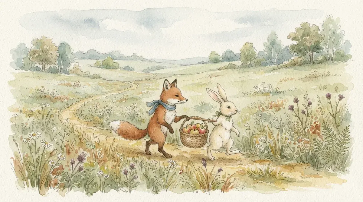 A fox and a white rabbit carry a basket together along a meadow path.