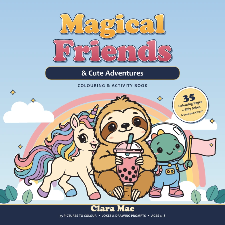 Magical Friends cover with a rainbow unicorn, a sloth and a space dinosaur.